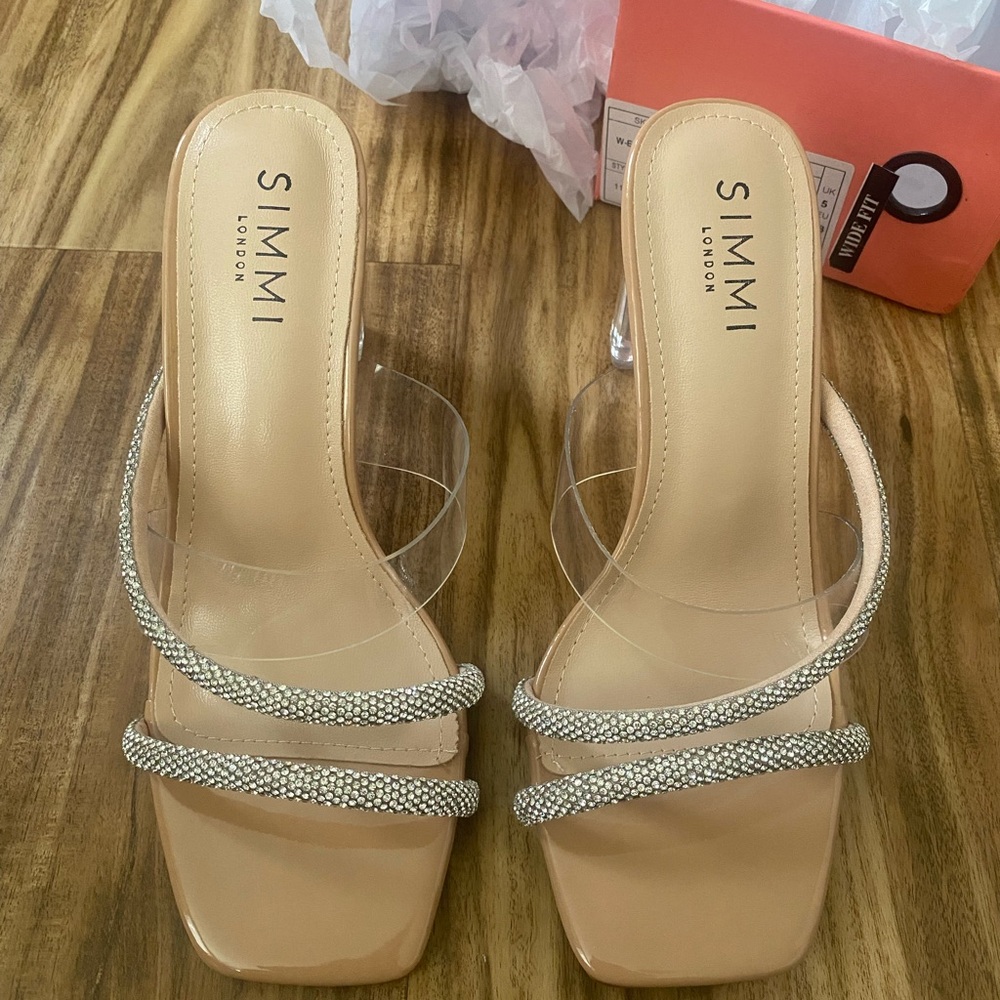 Simmi London Wide Fit Everly heeled sandals with diamante detail in beige